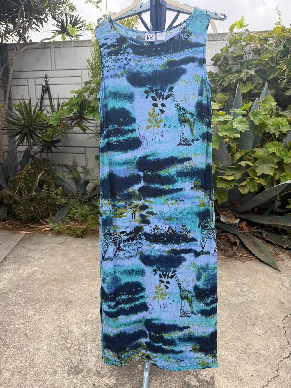 Vintage Y2K Shift Maxi Dress Medium Blue Giraffe Safari Botanicals JM Collection